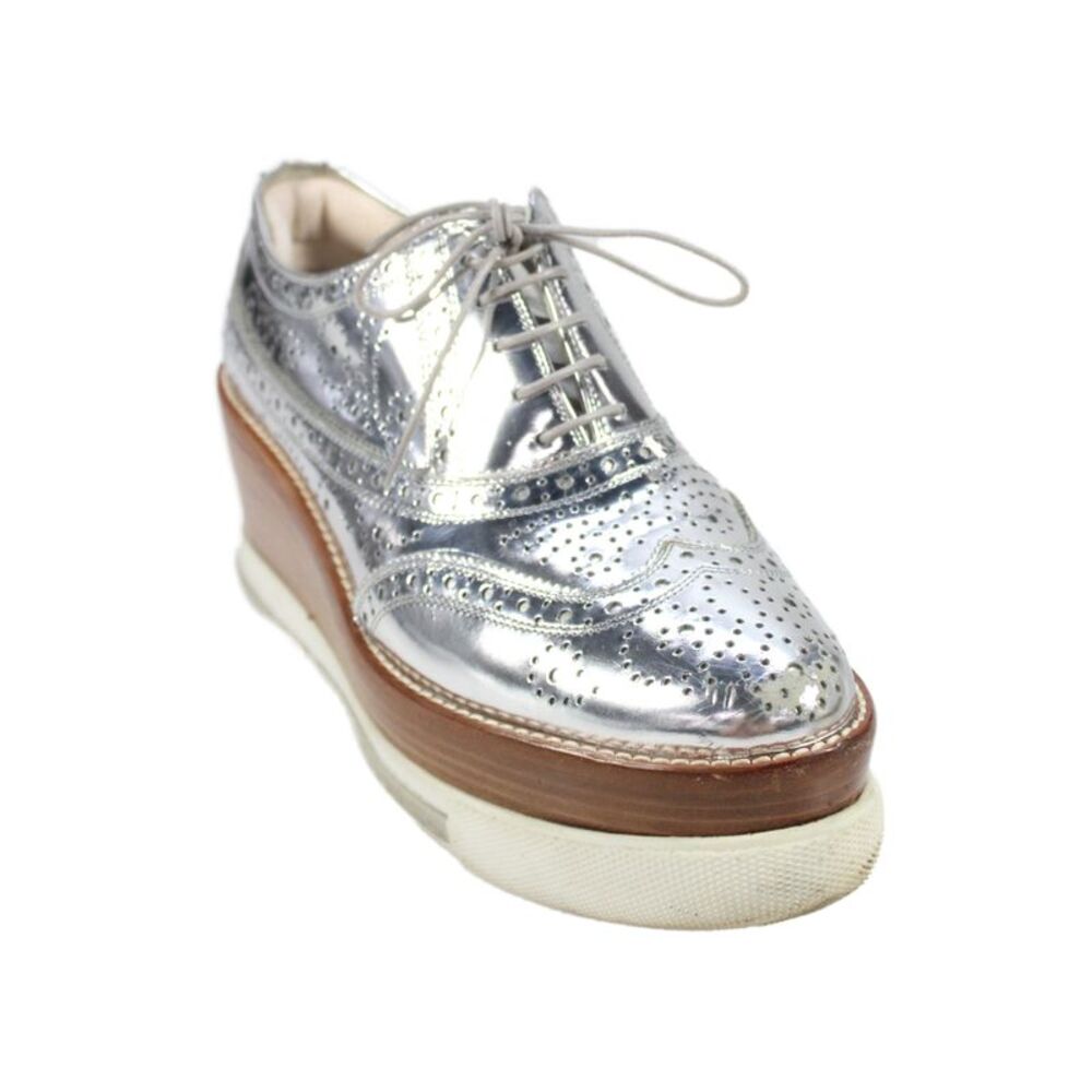 Miu Miu Womens Lace Up Wedge Heel Platform Oxfords Silver Tone Size 38